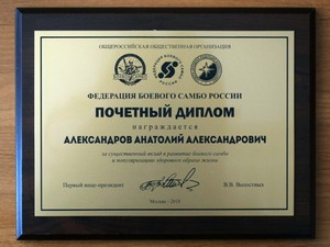 Почетный диплом Кубка Всемирной федерации боевого самбо
