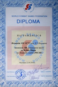 Диплом Кубка Всемирной федерации боевого самбо